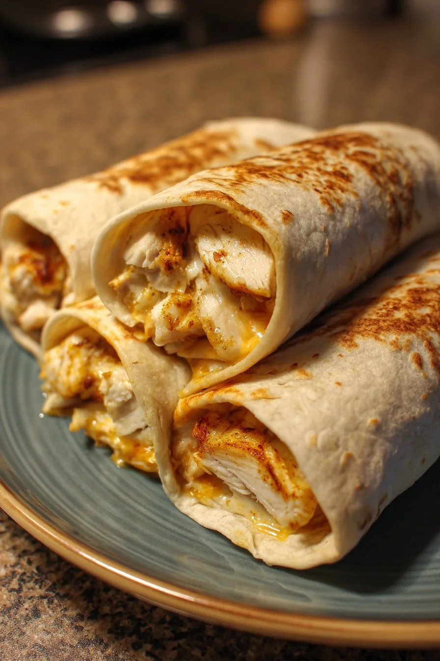 Wraps with chicken, garlic, and melted cheese