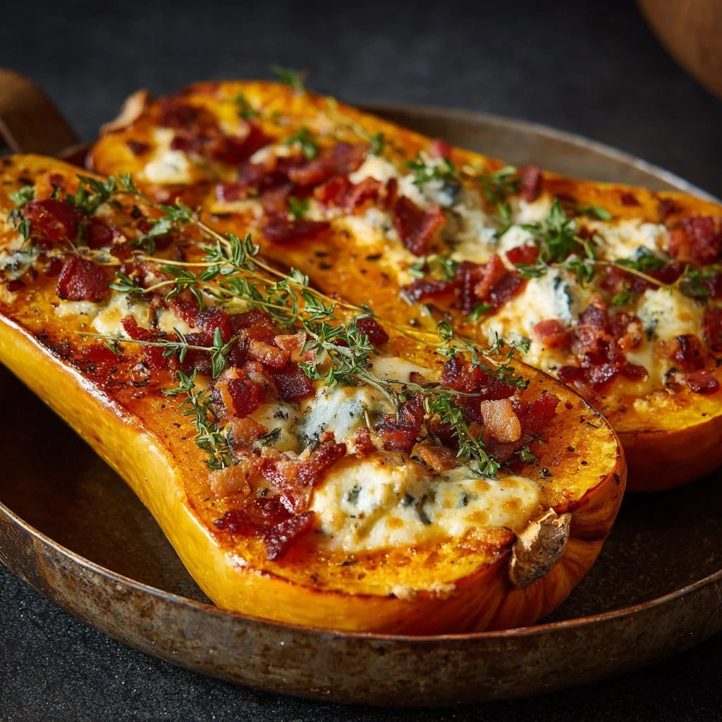 Zucchina butternut ripiena con pancetta e formaggio di capra