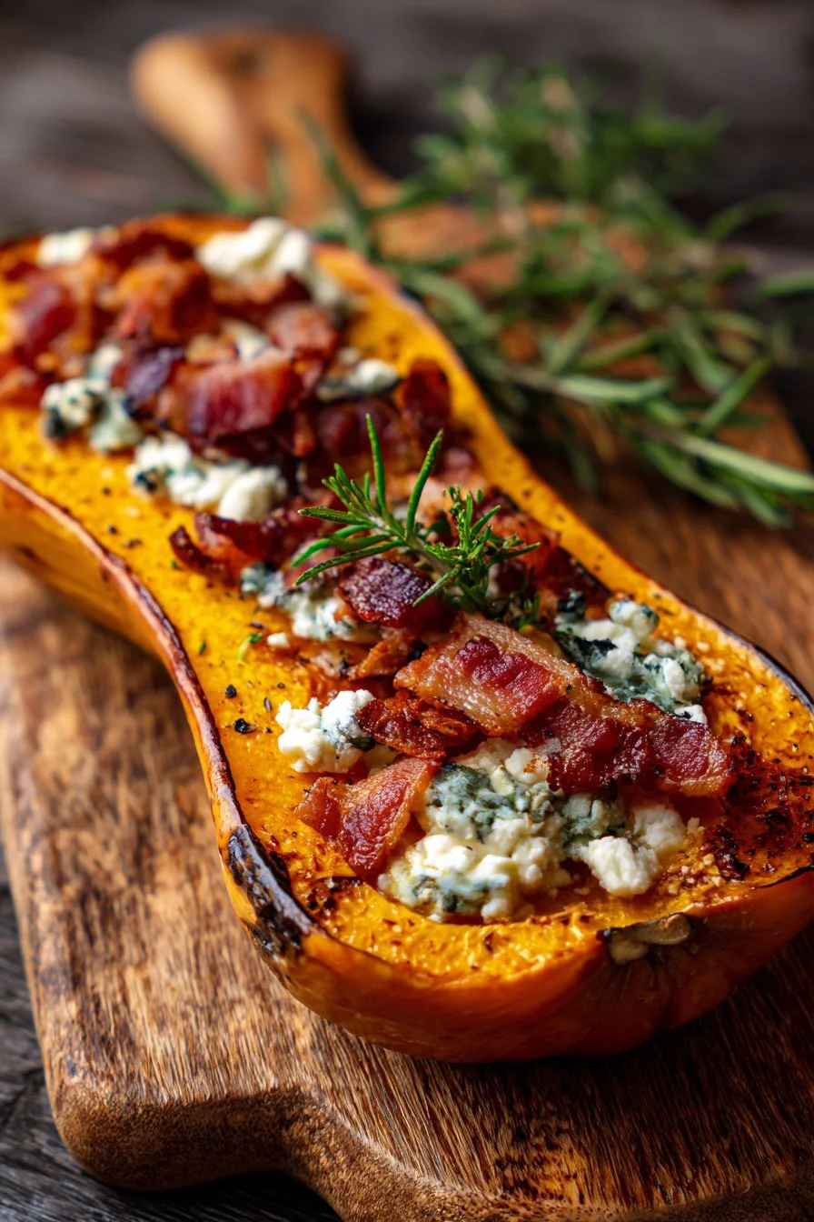 Zucchina butternut ripiena di pancetta e formaggio di capra