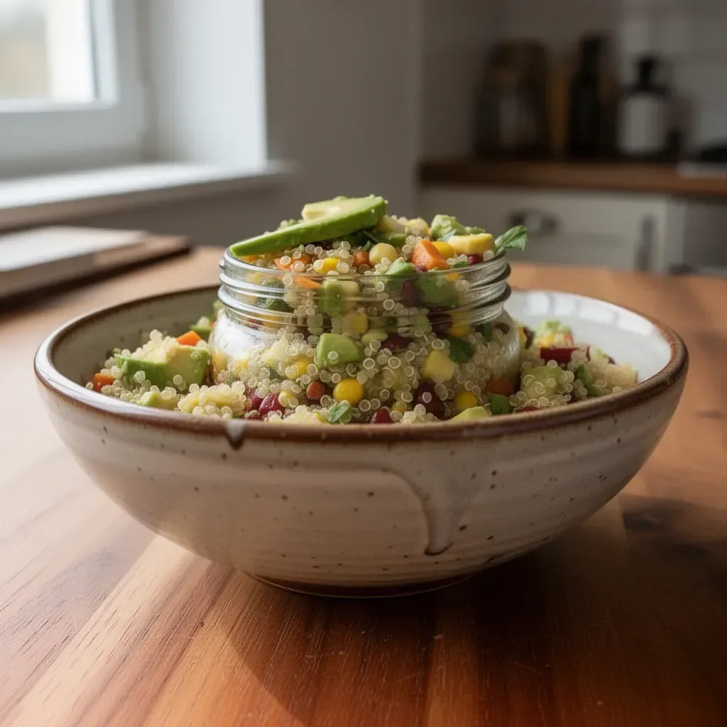 Barattolo di insalata quinoa-avocado fresco e nutriente