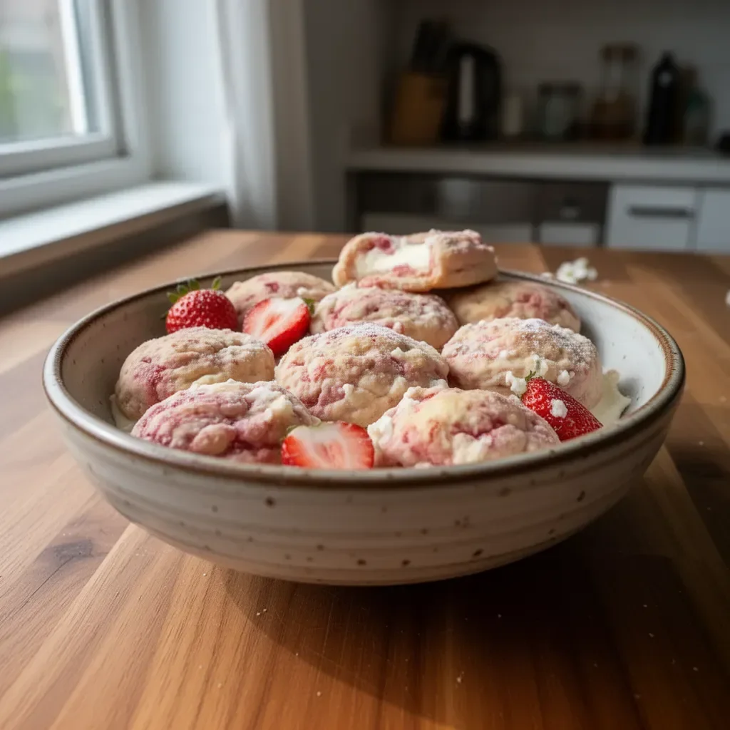 Biscotti al formaggio cremoso accompagnati da fragole fresche