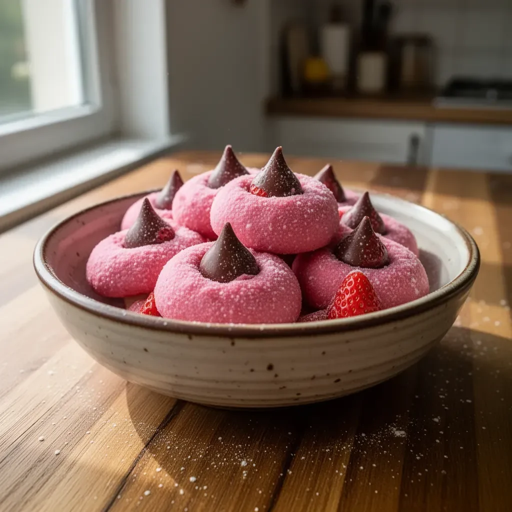 Biscotti con Baci di Fragola appena sfornati, decorati e pronti da gustare.