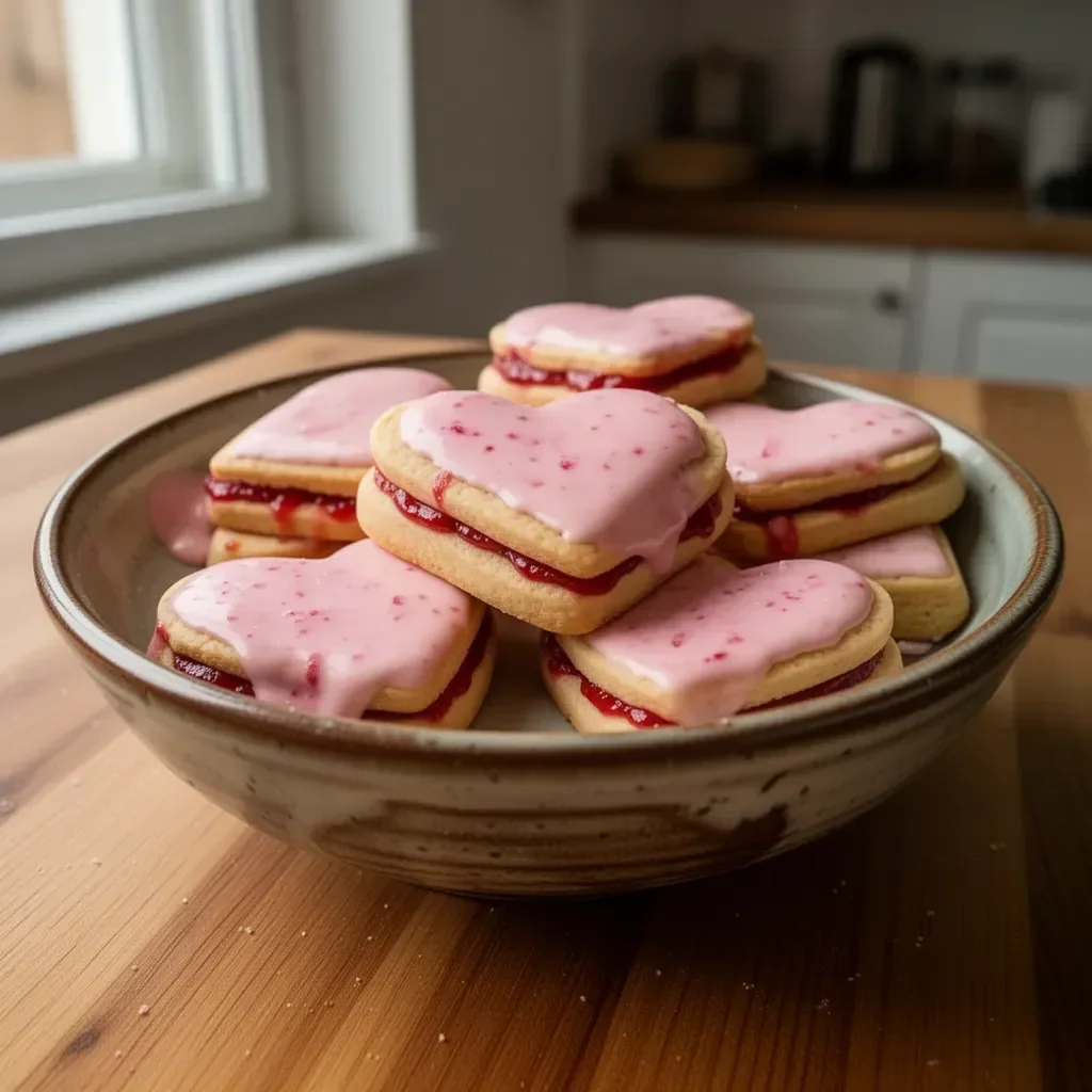 Biscotti Sablés a forma di cuore decorati con zucchero a velo