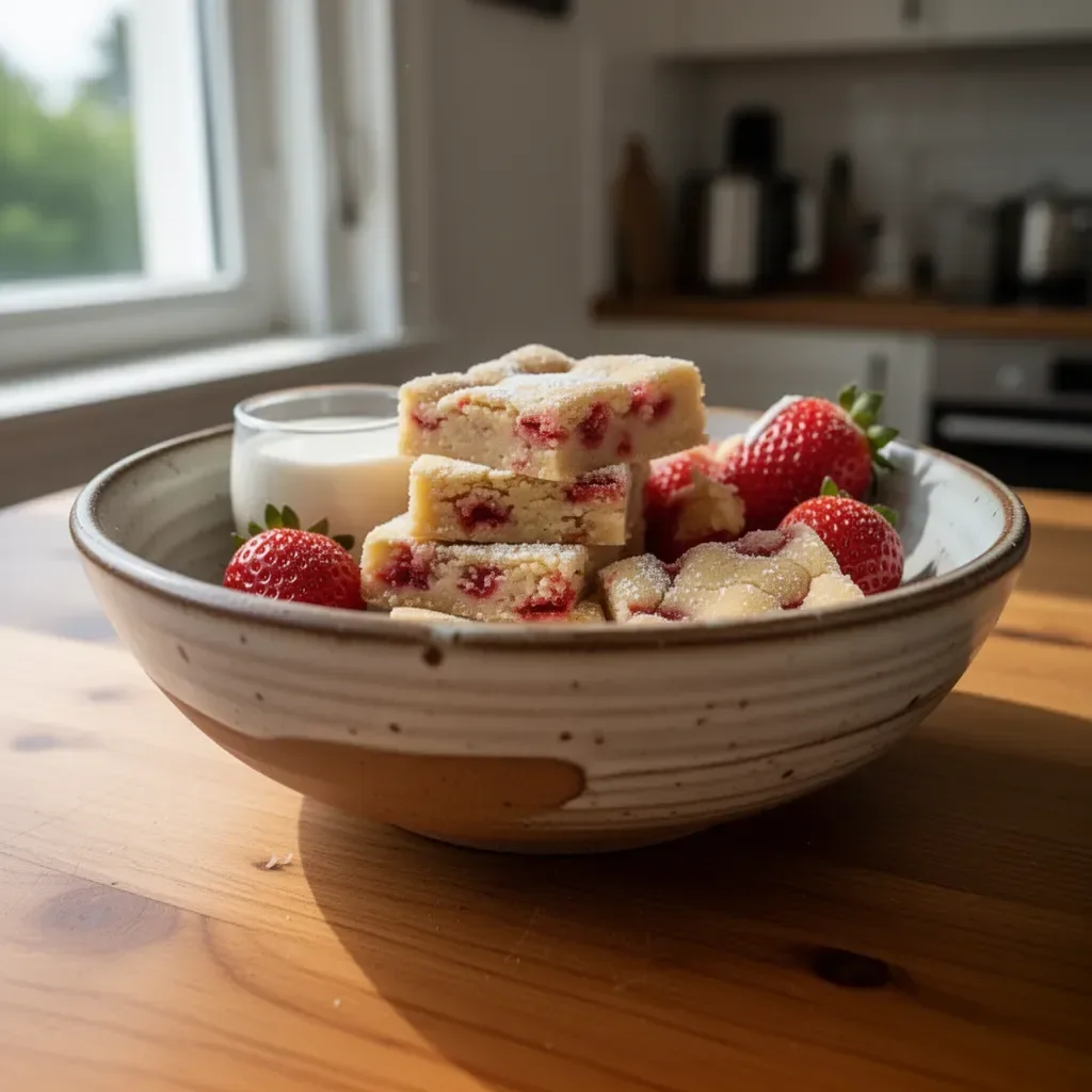 Blondies alla fragola freschi e gustosi su un piatto