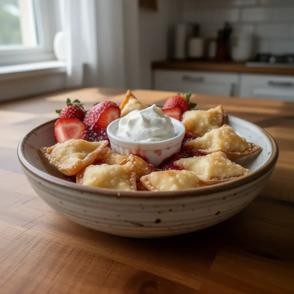Bocconcini di wonton ripieni di cheesecake di fragole fritte