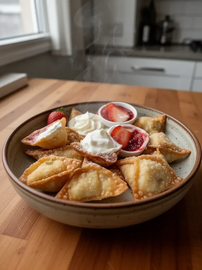 Bocconcini di wonton ripieni di cheesecake alle fragole fritte