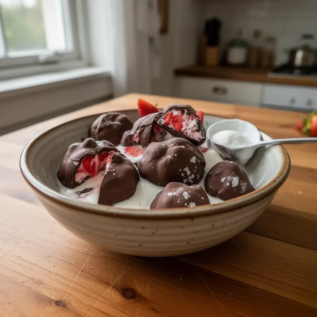 Bocconcini di yogurt gelato al cioccolato e alla fragola in un elegante dessert