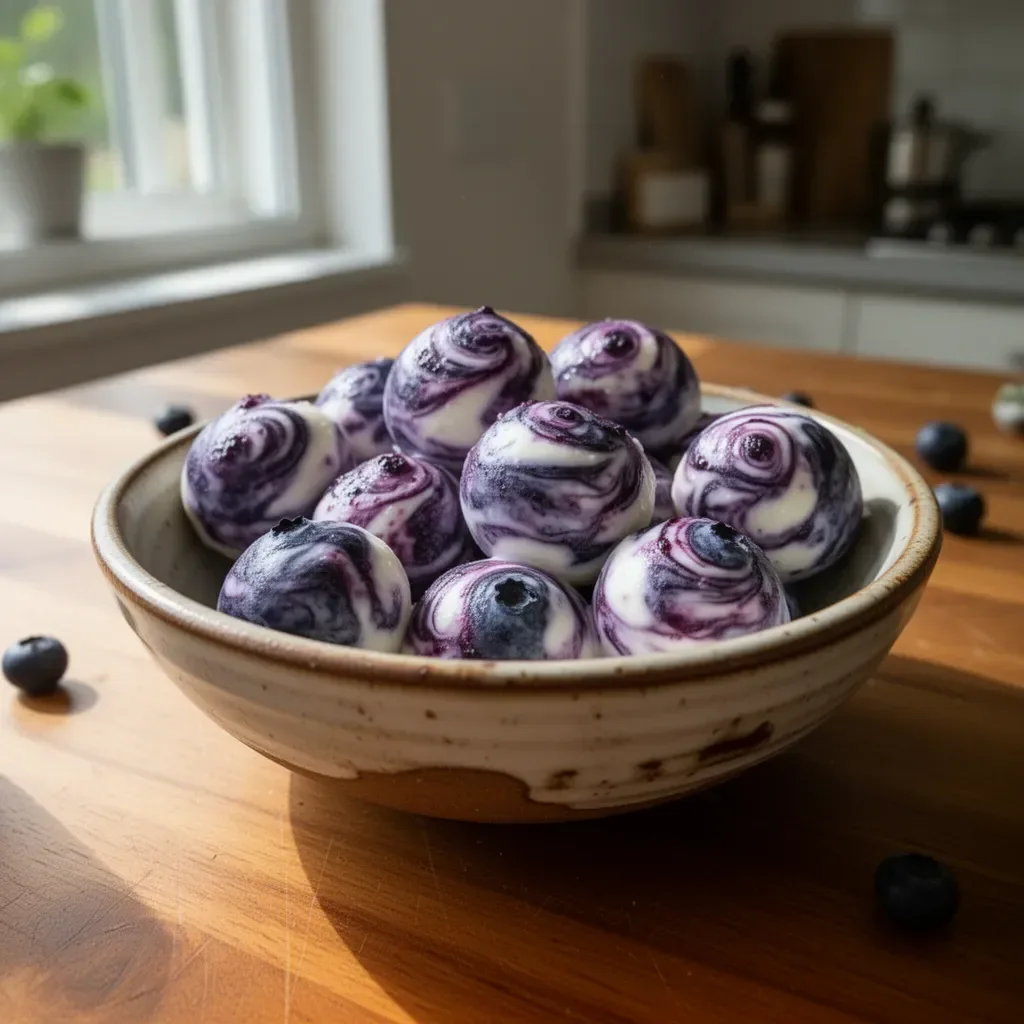 Bocconcini di Yogurt Greco ai Mirtilli decorati con frutti freschi