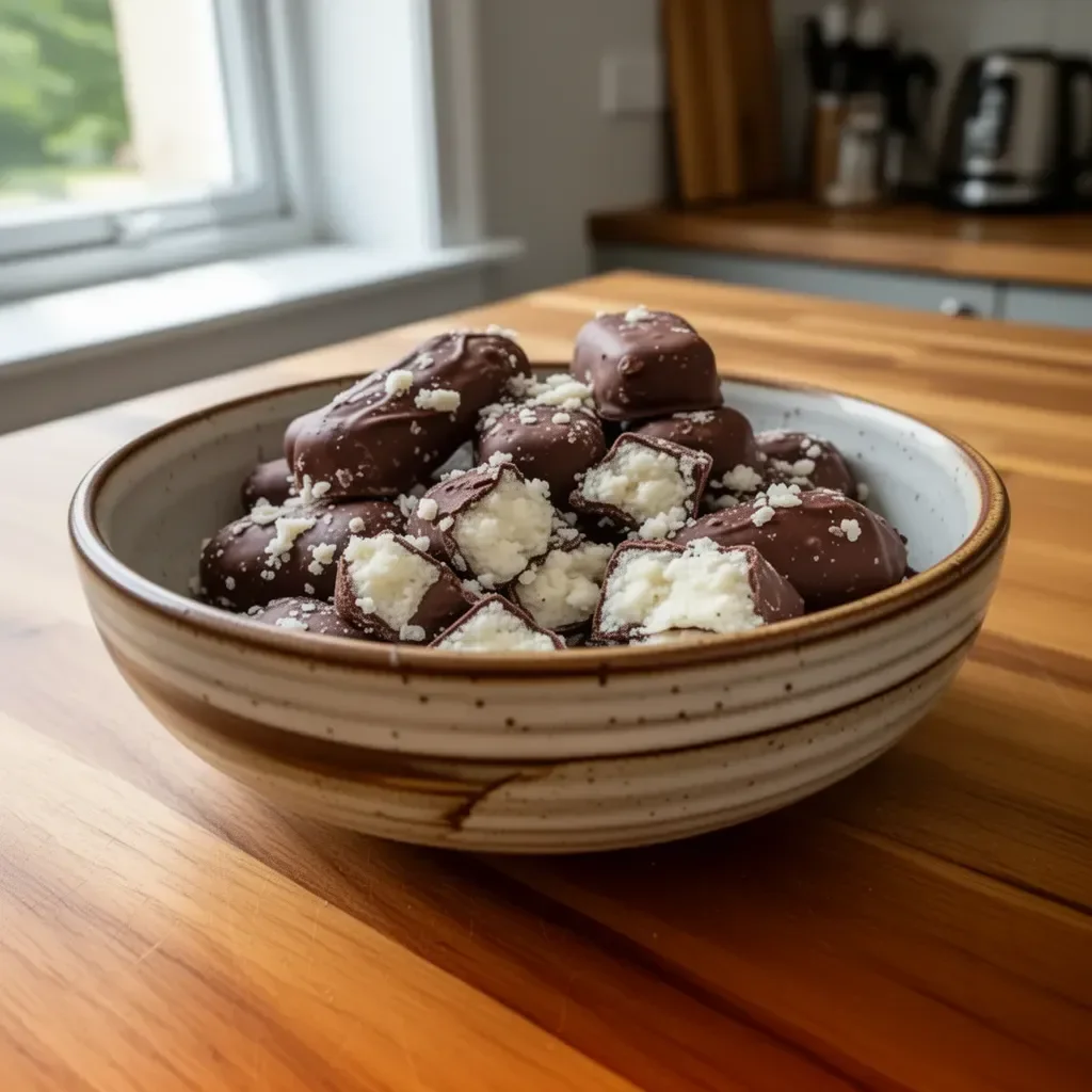 Bounty fatto in casa con cioccolato e cocco fresco.