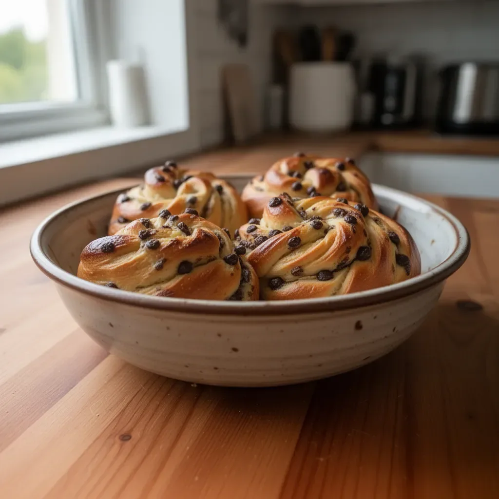 Brioches arrotolate con crema di vaniglia e gocce di cioccolato