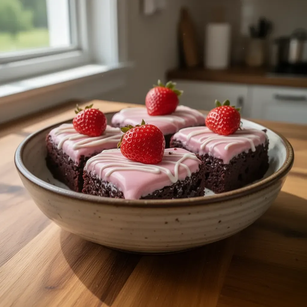 Brownies a forma di cuore con glassa alla fragola su un piatto decorato.