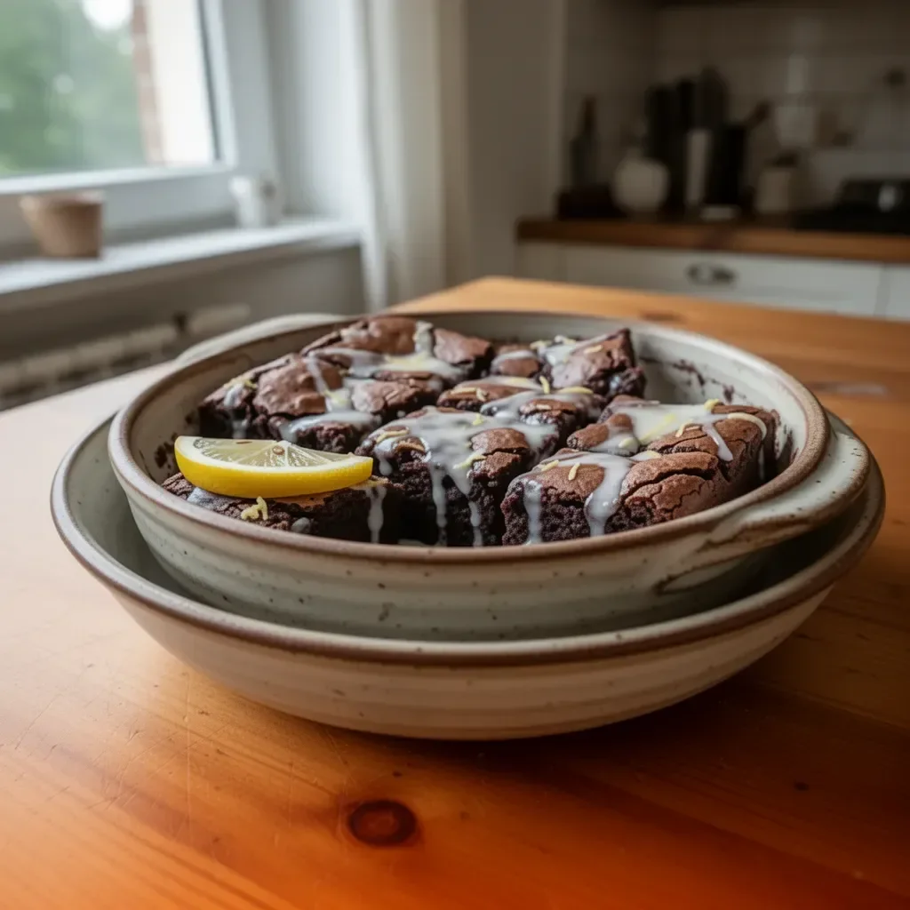 Brownies al Limone decorati con zucchero a velo e limoni freschi.