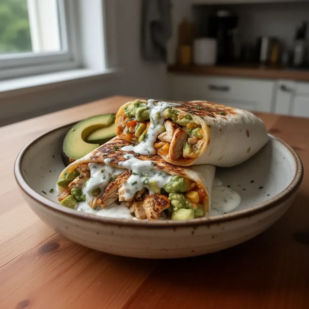 Burritos di pollo con avocado e salsa ranch appetitosi e colorati