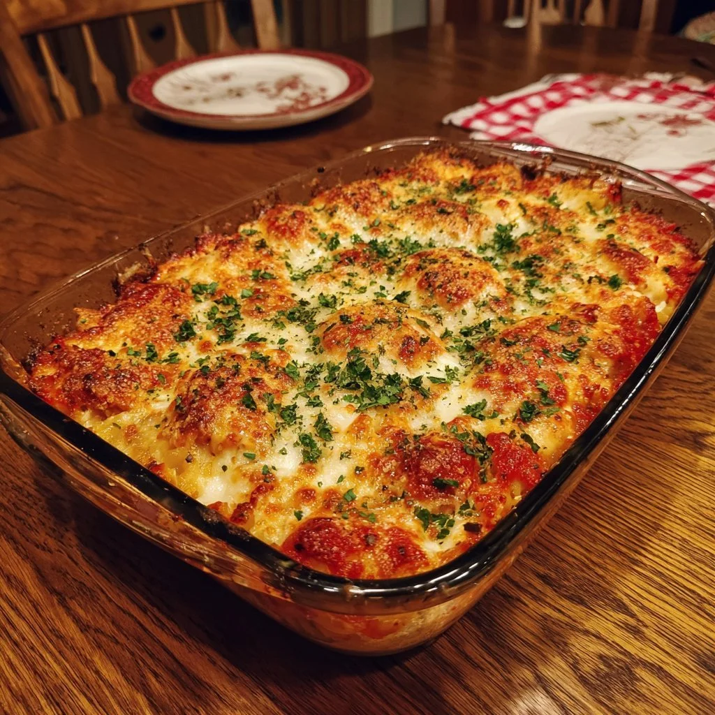 Casseruola di Pollo al Parmigiano con formaggio fuso e condimenti saporiti