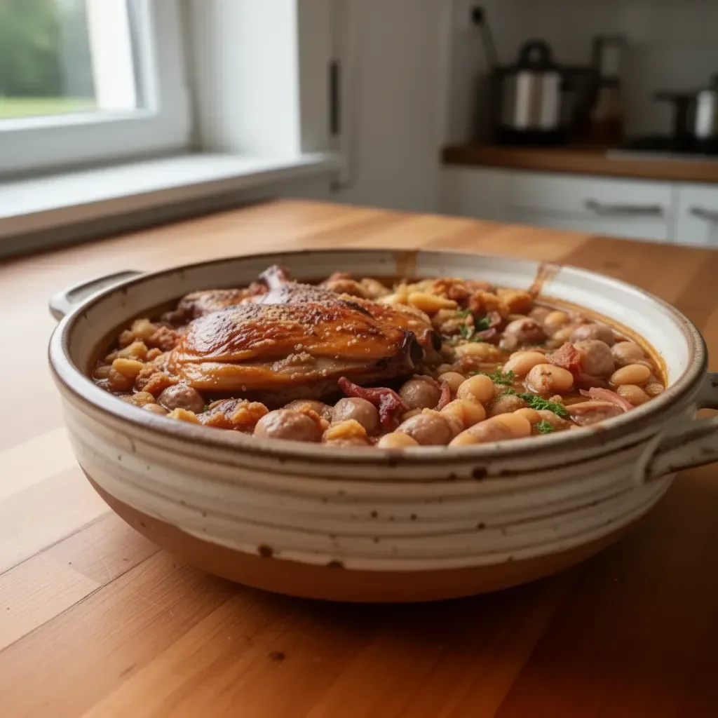 Cassoulet di anatra e salsiccia facile servito in un piatto