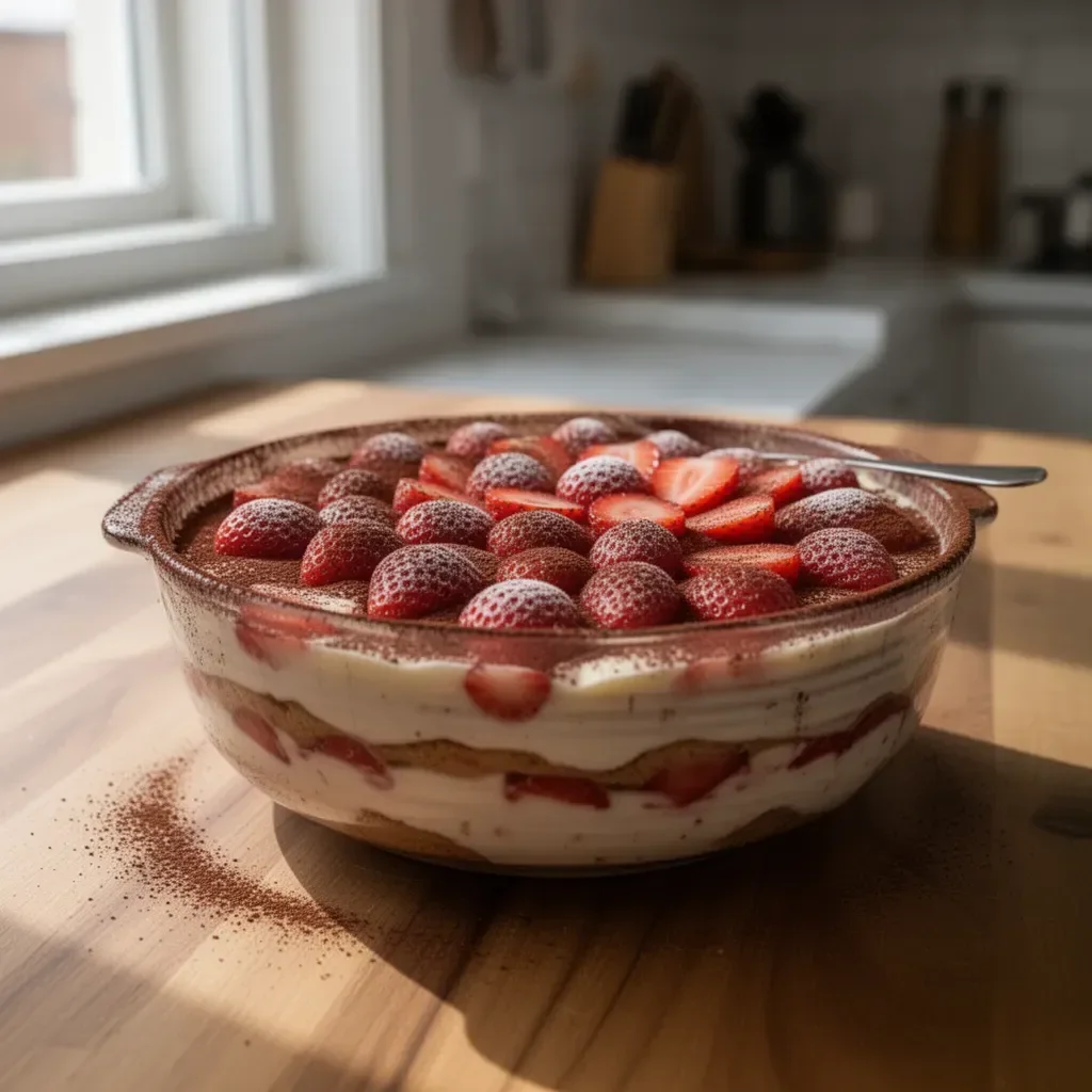 Charlotte alle Fragole in stile Tiramisu servita in un piatto