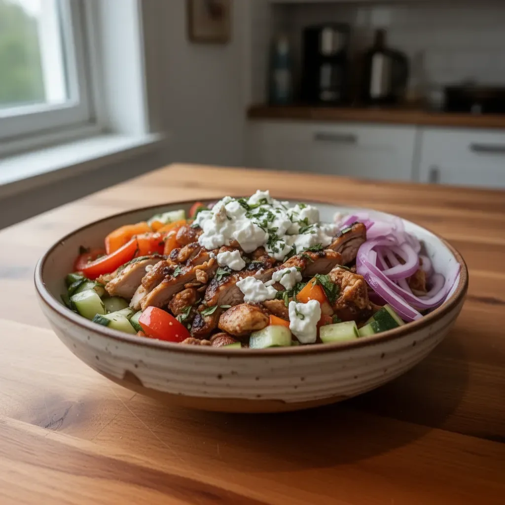 Ciotola di Döner con ingredienti freschi e condimenti appetitosi.