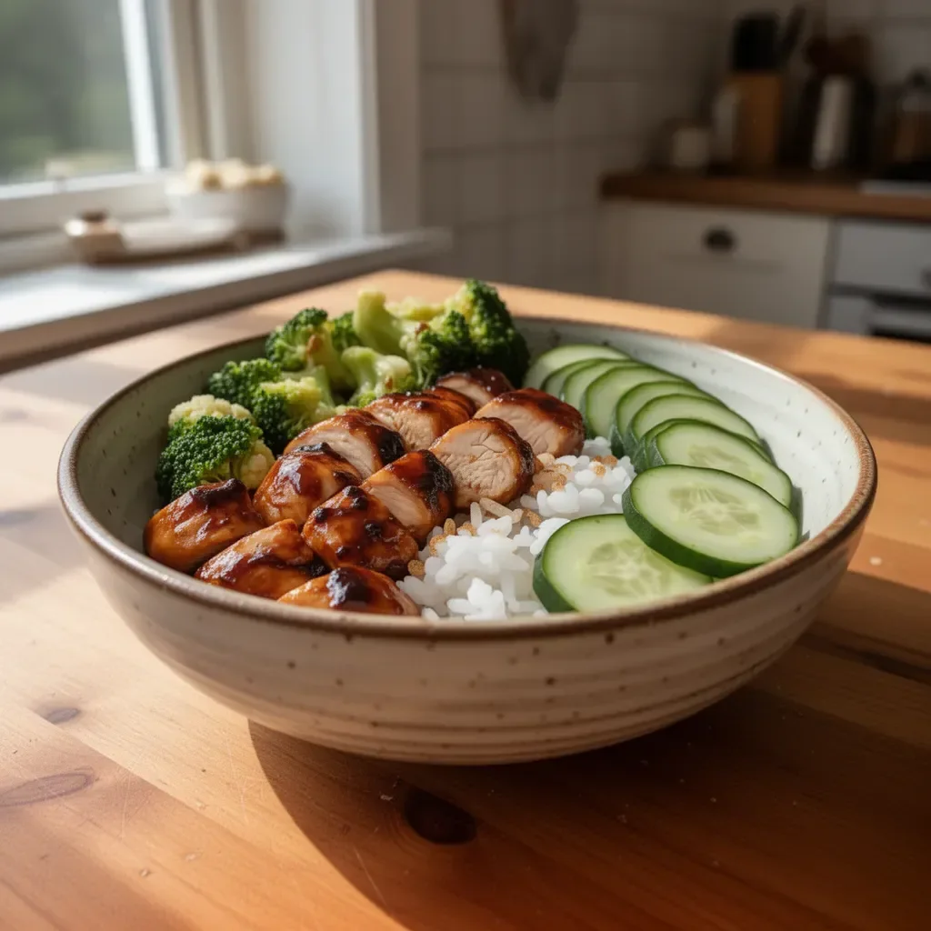 Ciotola di pollo teriyaki con riso, broccoli e cetriolo fresco