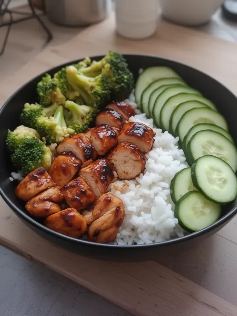 Ciotola di pollo teriyaki facile con riso, broccoli e cetriolo fresco