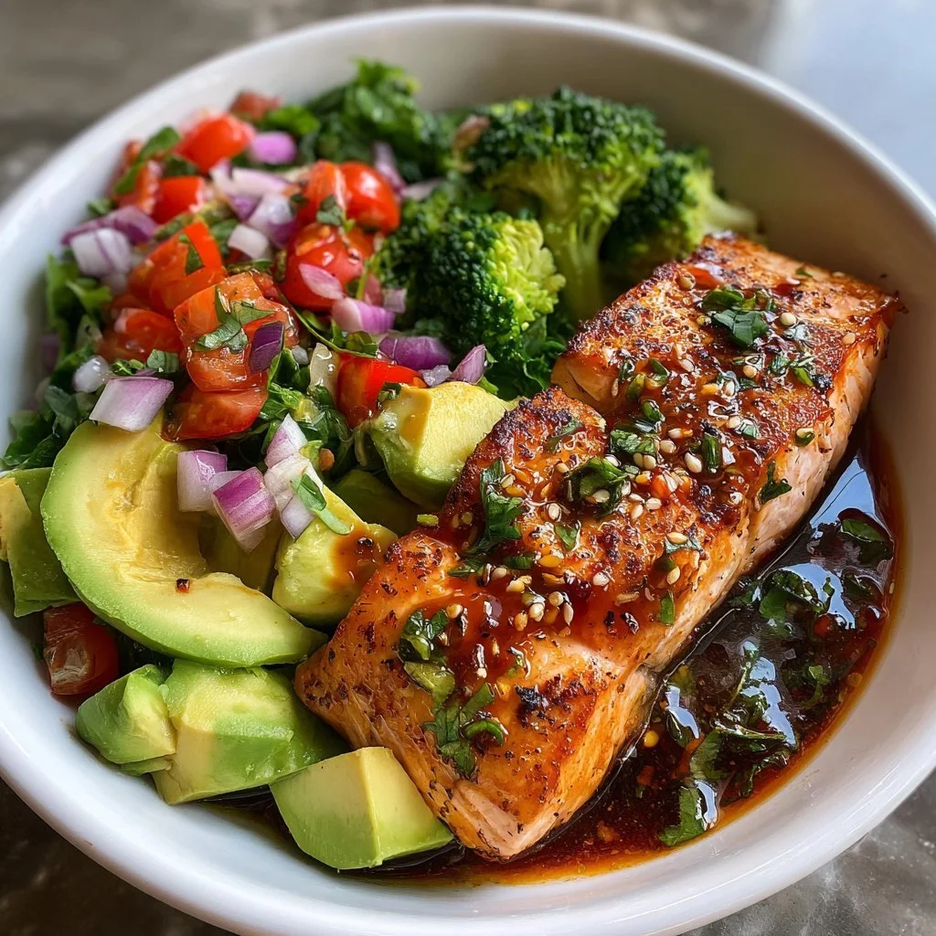 Ciotola di salmone dolce e piccante con ingredienti freschi e colorati