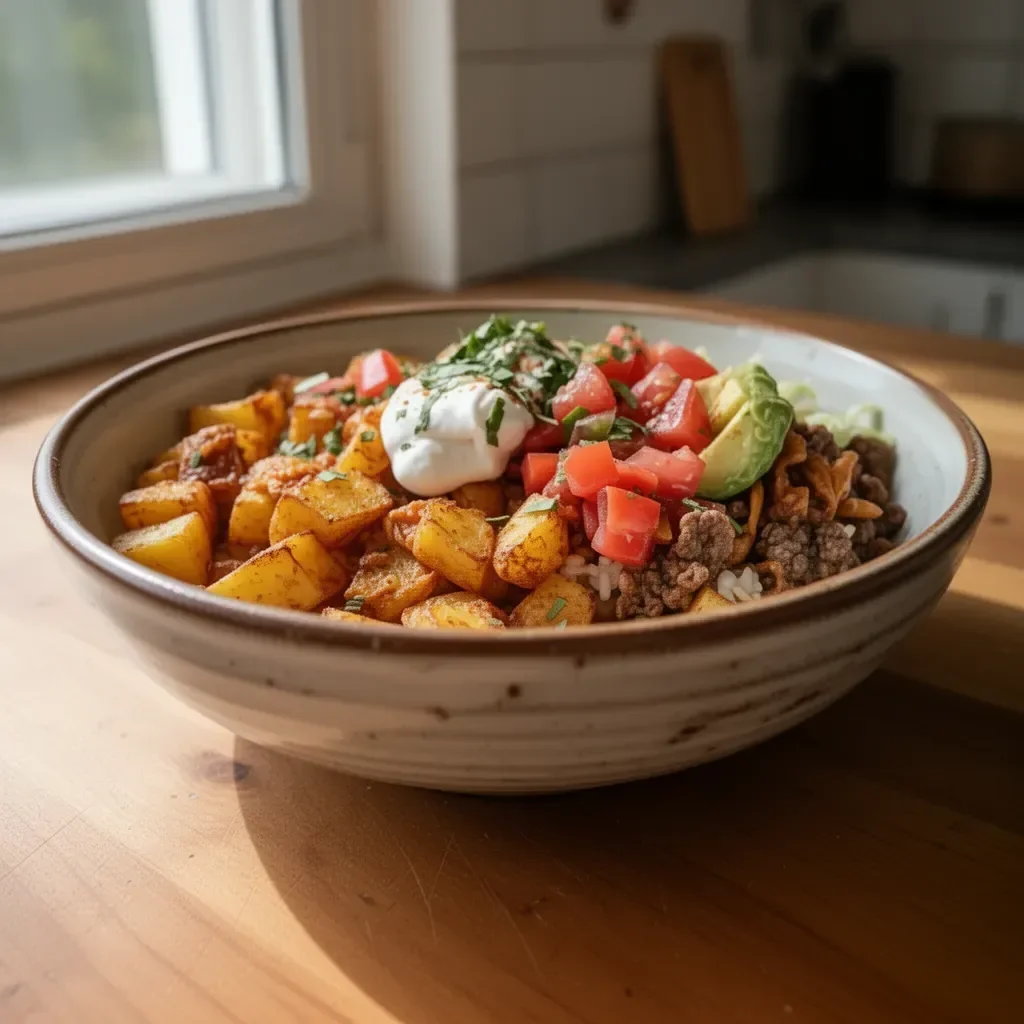 Ciotola di tacos con patate veloci pronta da servire