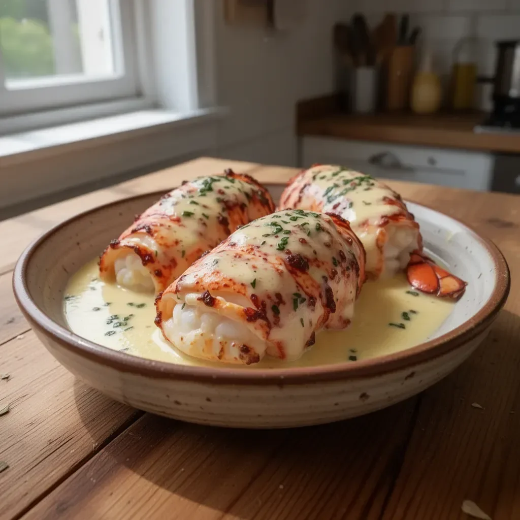 Code di aragosta all'aglio e burro cremoso, piatto gourmet cucinato con freschezza.
