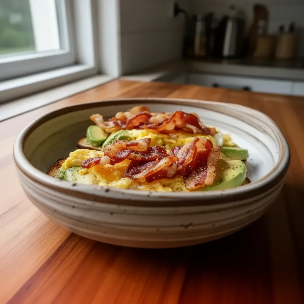 Colazione con bacon, uovo e avocado su un piatto bianco