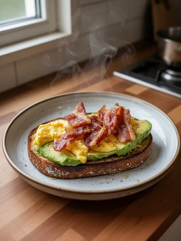 Colazione indulgente con bacon, uovo e avocado