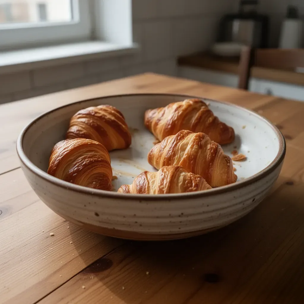 Cornetti al lievito madre freschi e dorati su un piatto.