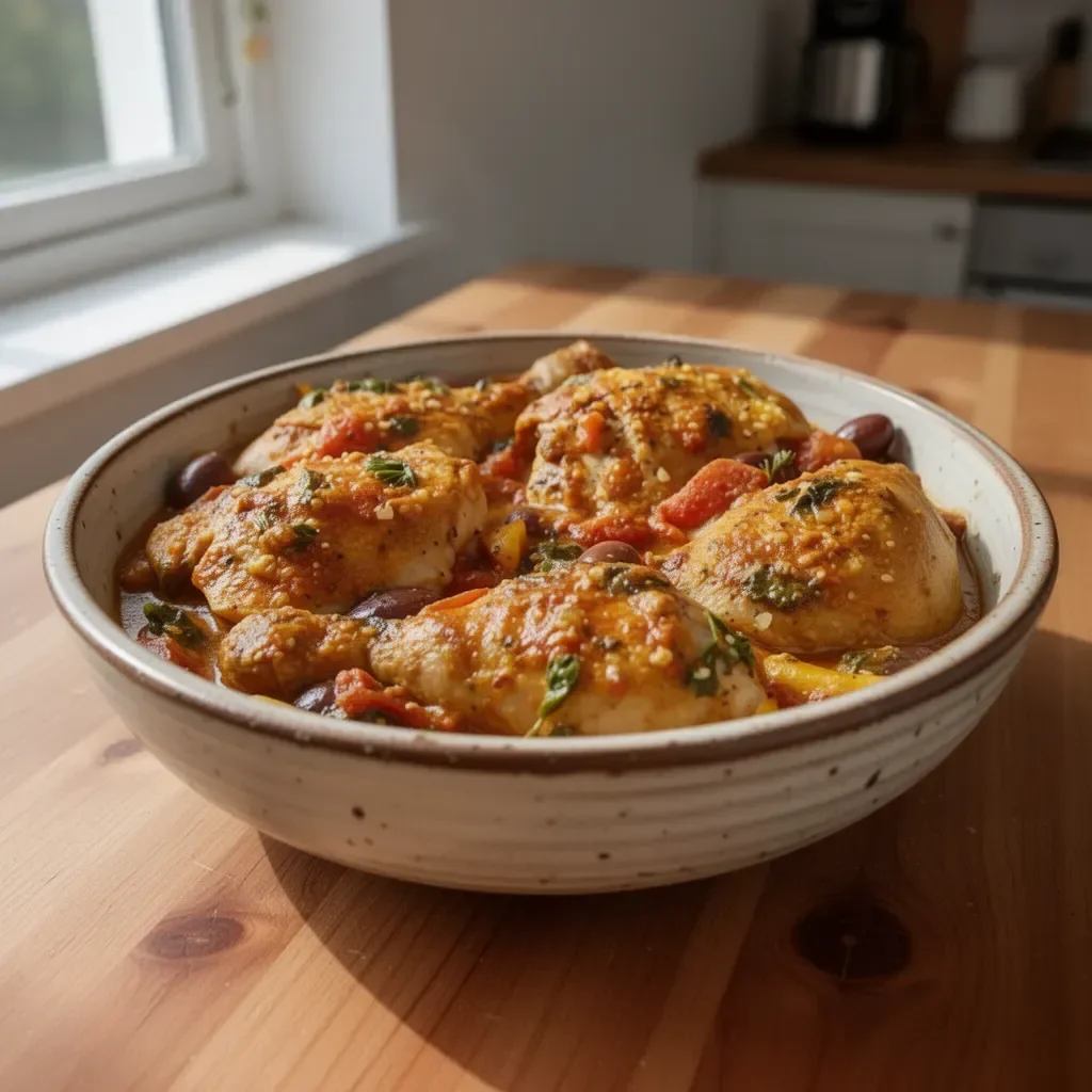 Coscia di pollo al curry servita con riso basmati e spezie aromatiche.