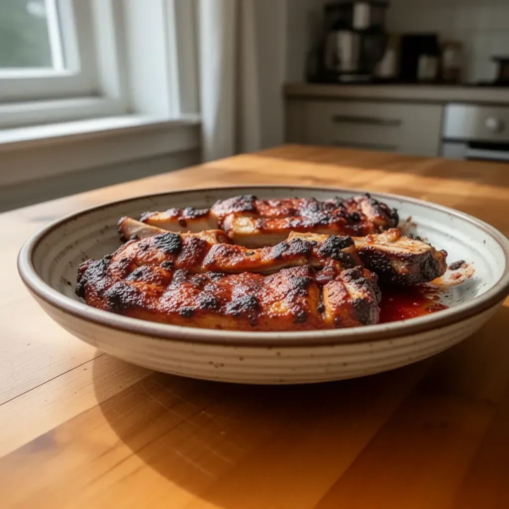 Costolette grigliate sul barbecue pronte per essere servite.