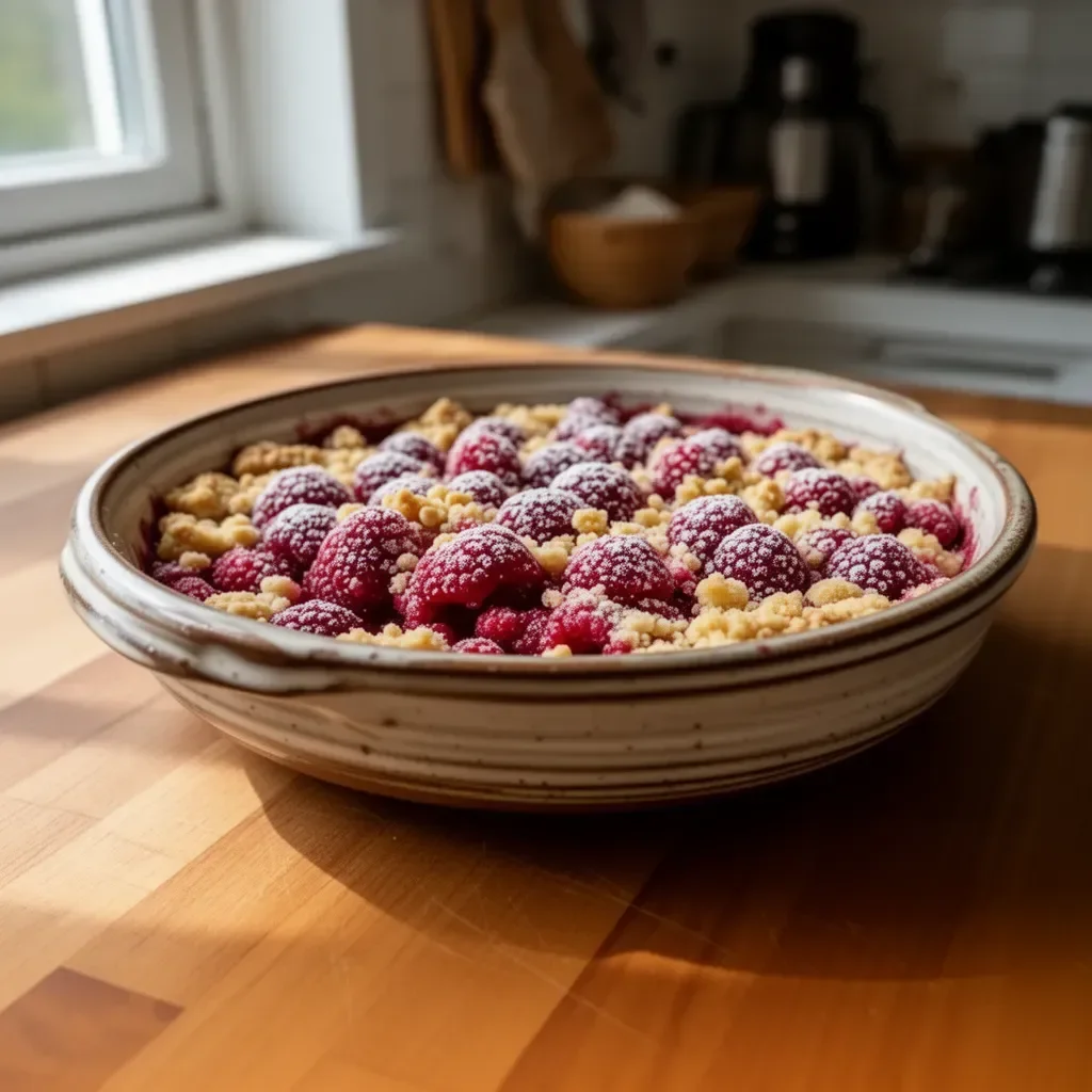 Crumble di lamponi appena sfornato in un piatto bianco.