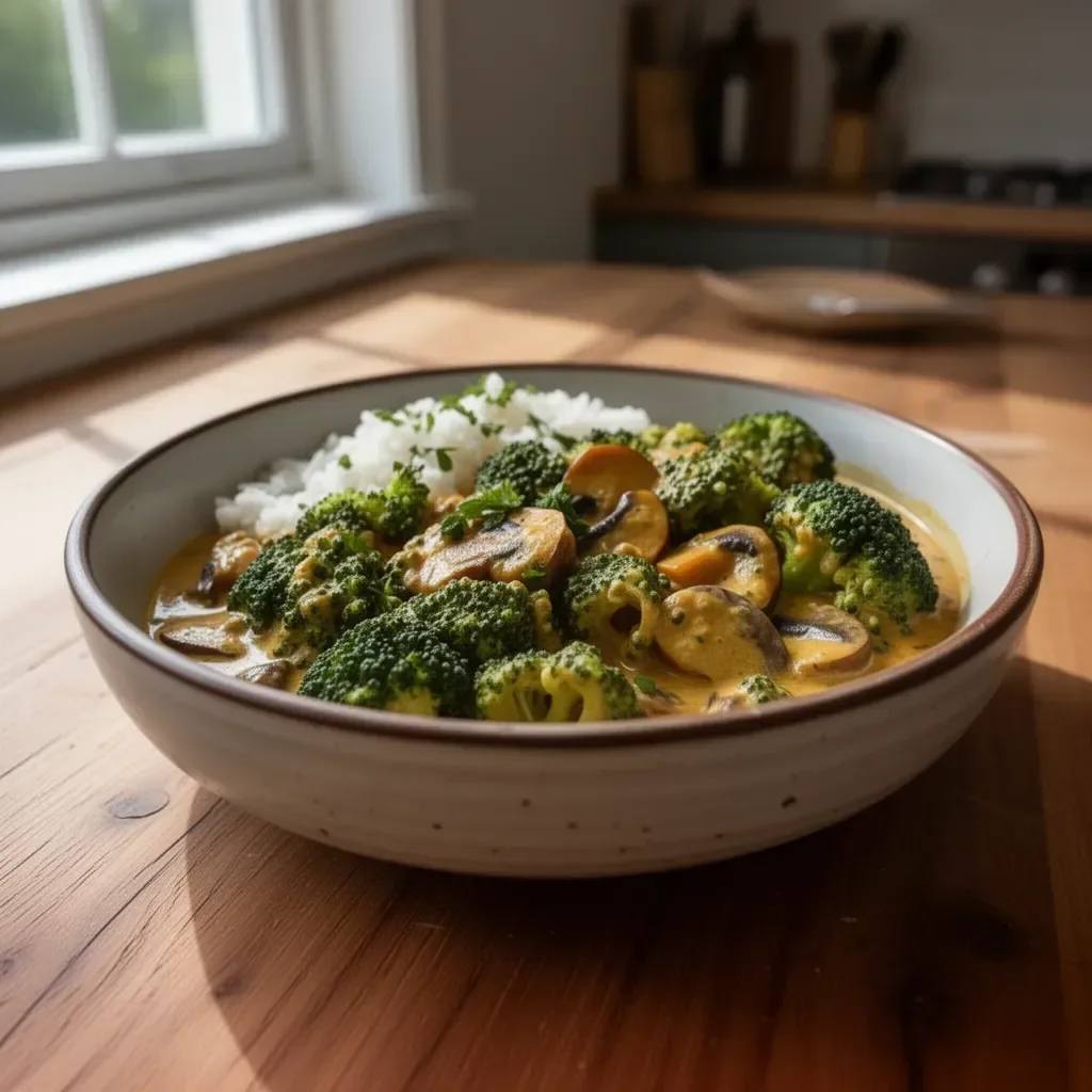 Curry vegetariano con broccoli, ceci e funghi servito in una ciotola colorata.