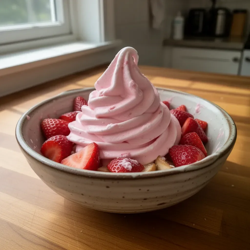 Dole Whip alle fragole servito in un bicchiere con guarnizioni di fragole