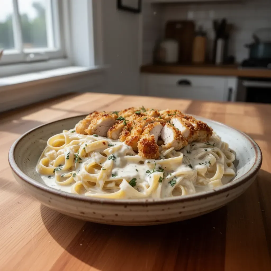 Fettuccine Alfredo con pollo croccante servito in un piatto bianco
