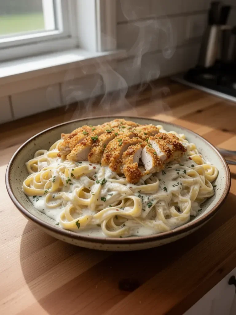 Fettuccine Alfredo con pollo croccante