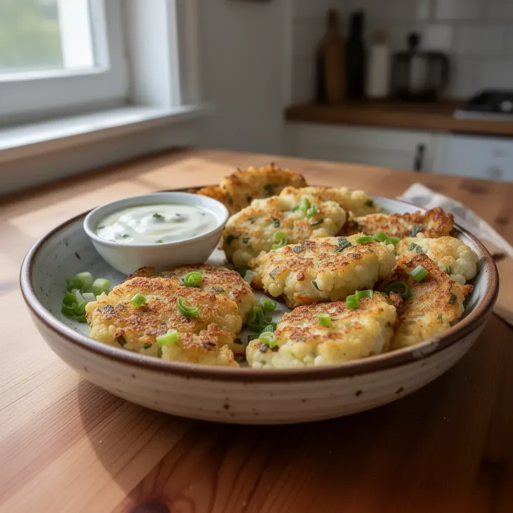 Frittelle di cavolfiore in stile rösti di patate, croccanti e dorate.