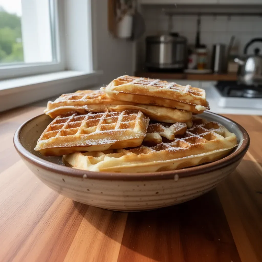 Gaufre da fiera con zucchero a velo e frutta fresca