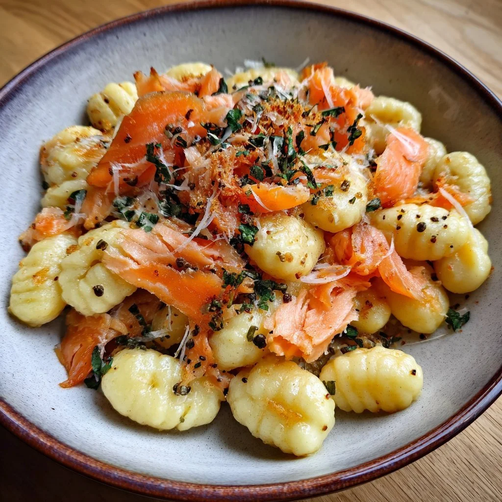 Gnocchi al salmone affumicato con crema di formaggio e erbe fresche