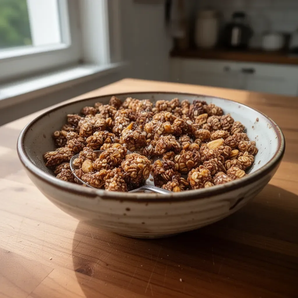 Granola fatta in casa croccante in una ciotola con frutta e noci