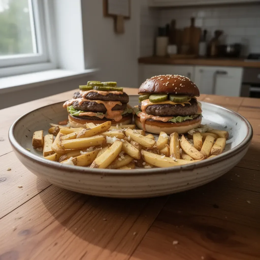 Hamburger Schiacciato Ultimo servito con contorni freschi e gourmet.