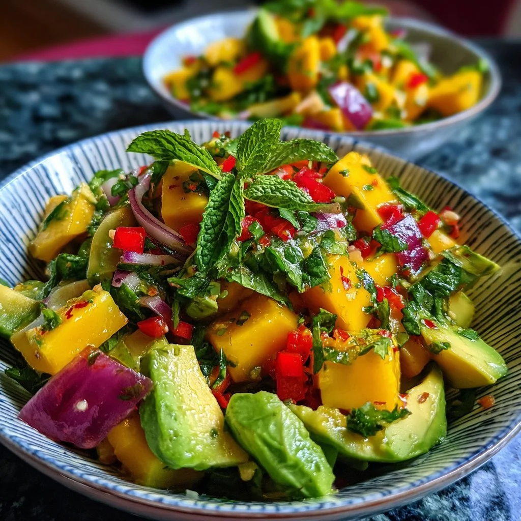 Insalata di avocado e mango fresca e colorata, ricca di sapore e salute