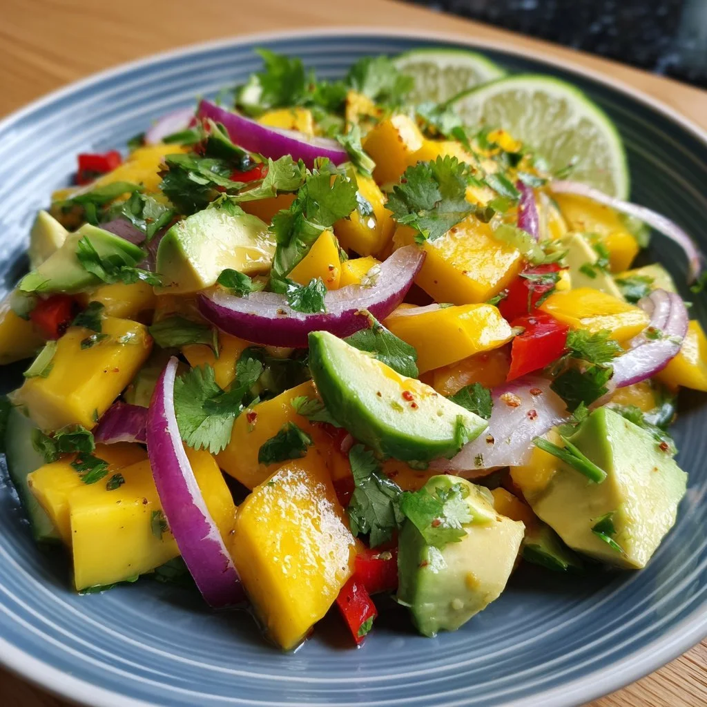 Insalata di avocado e mango con vinaigrette piccante al lime