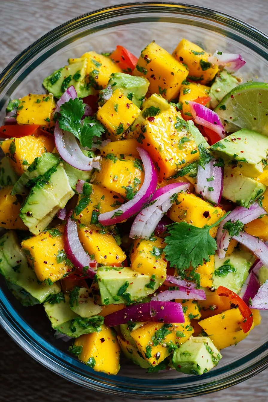 Insalata di avocado e mango con vinaigrette piccante al lime