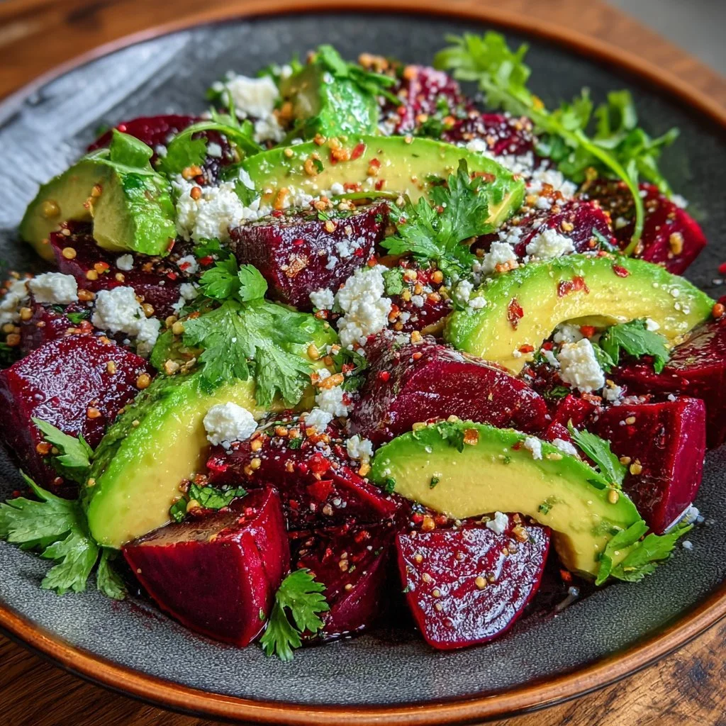 Insalata di barbabietole con avocado e feta servita su un piatto