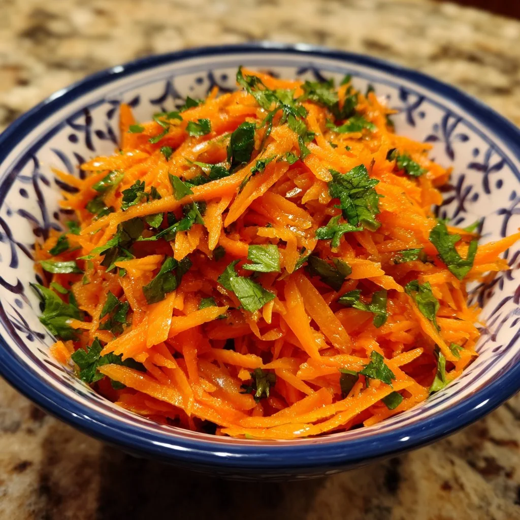 Insalata di carote crude preparata con ingredienti freschi e colorati.