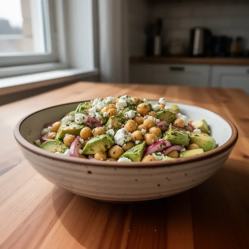 Insalata di ceci, feta e avocado fresca e colorata