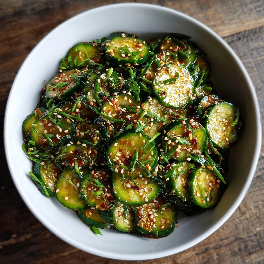 Insalata di cetrioli coreana servita in un piatto fresco e colorato