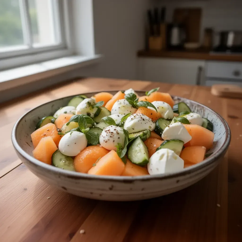 Insalata di Melone con cetriolo e feta, un piatto estivo fresco e gustoso.