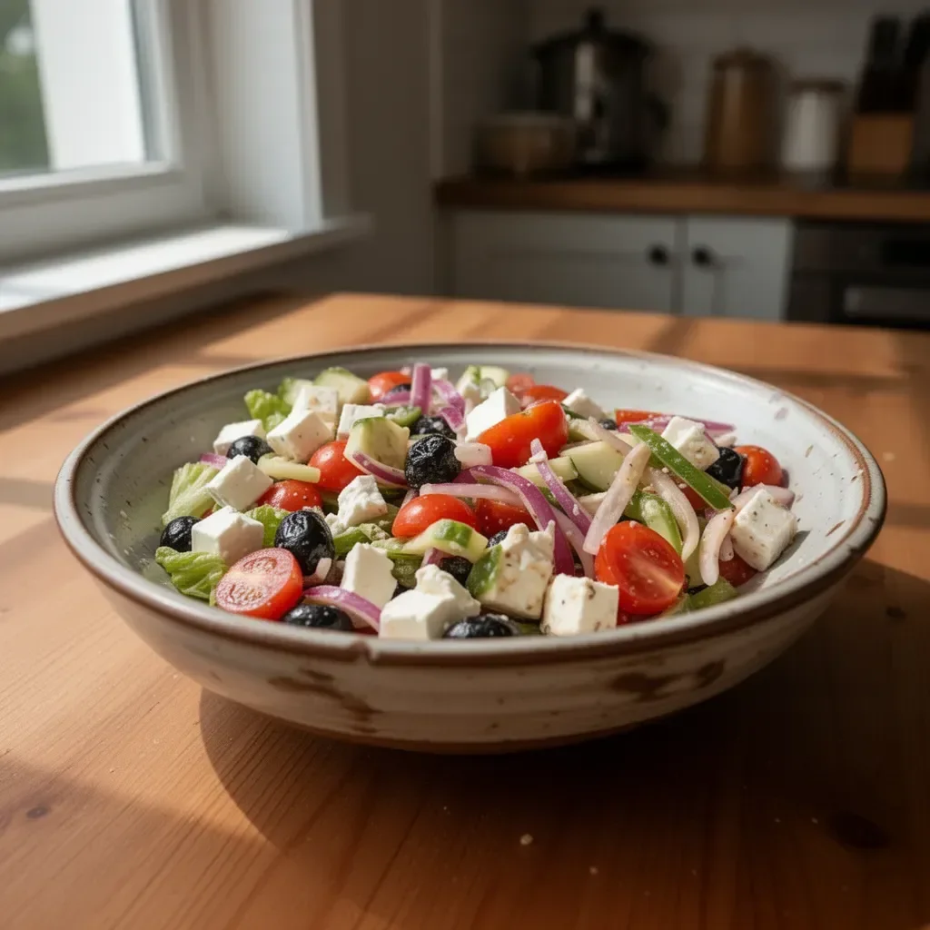 Insalata Greca con pomodori, cetrioli, olive e feta fresca